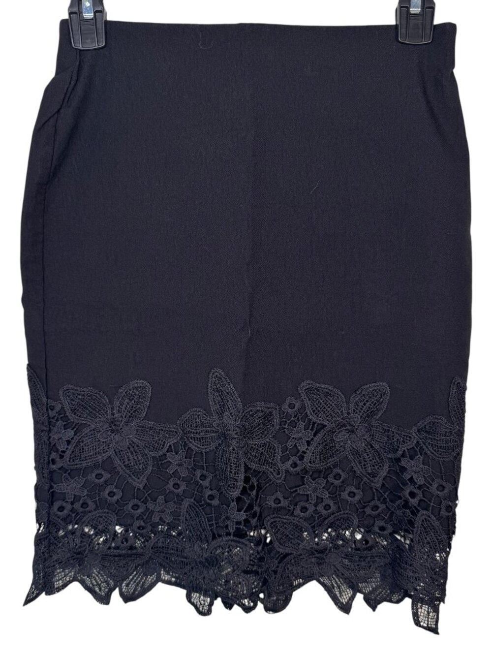 IZ Byer Black Midi Skirt w/ Lace Applique Hem Goth Punk Rockabilly Pinup Club XS
